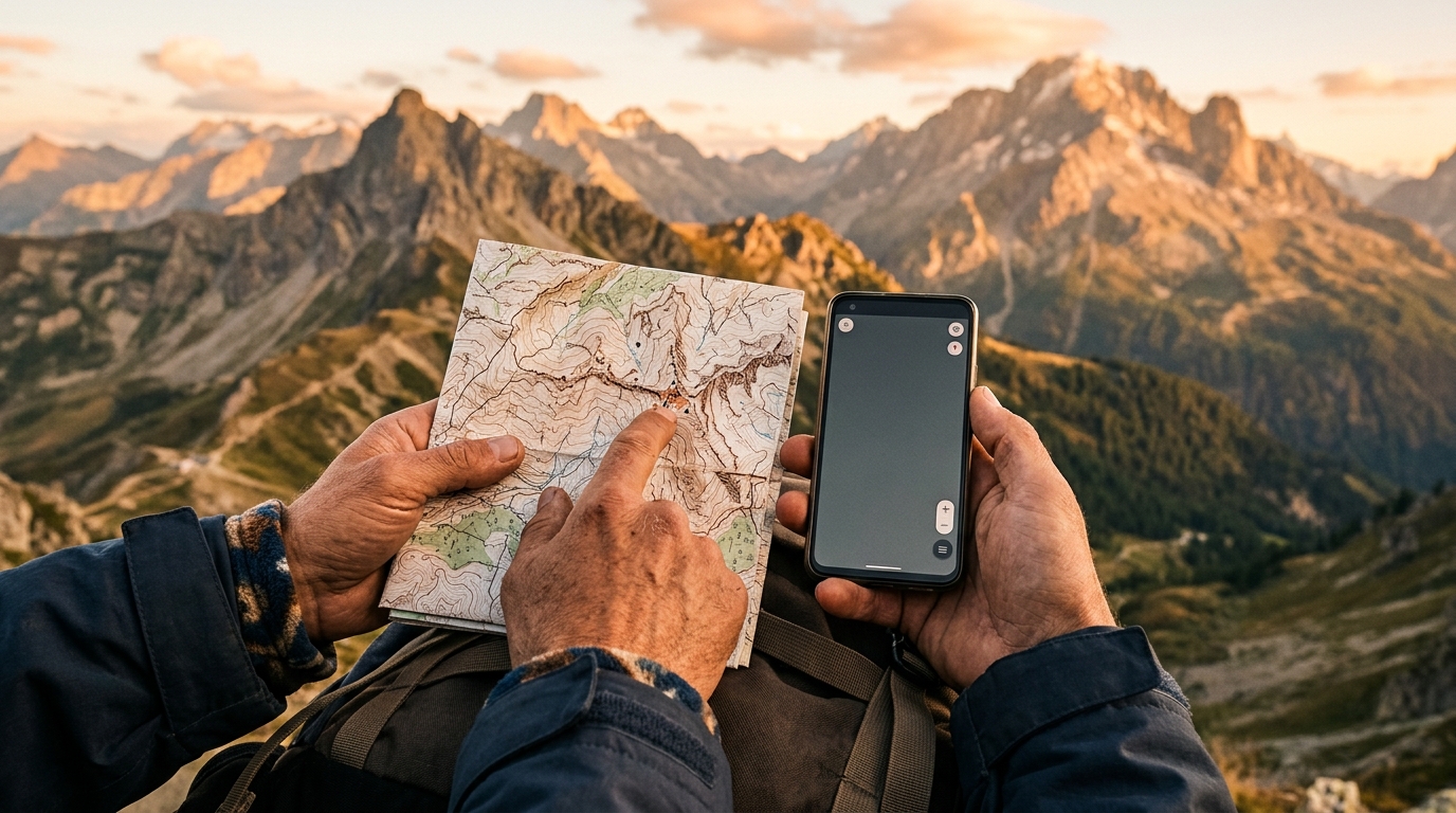Carte IGN comparée à un smartphone pour l'orientation en montagne