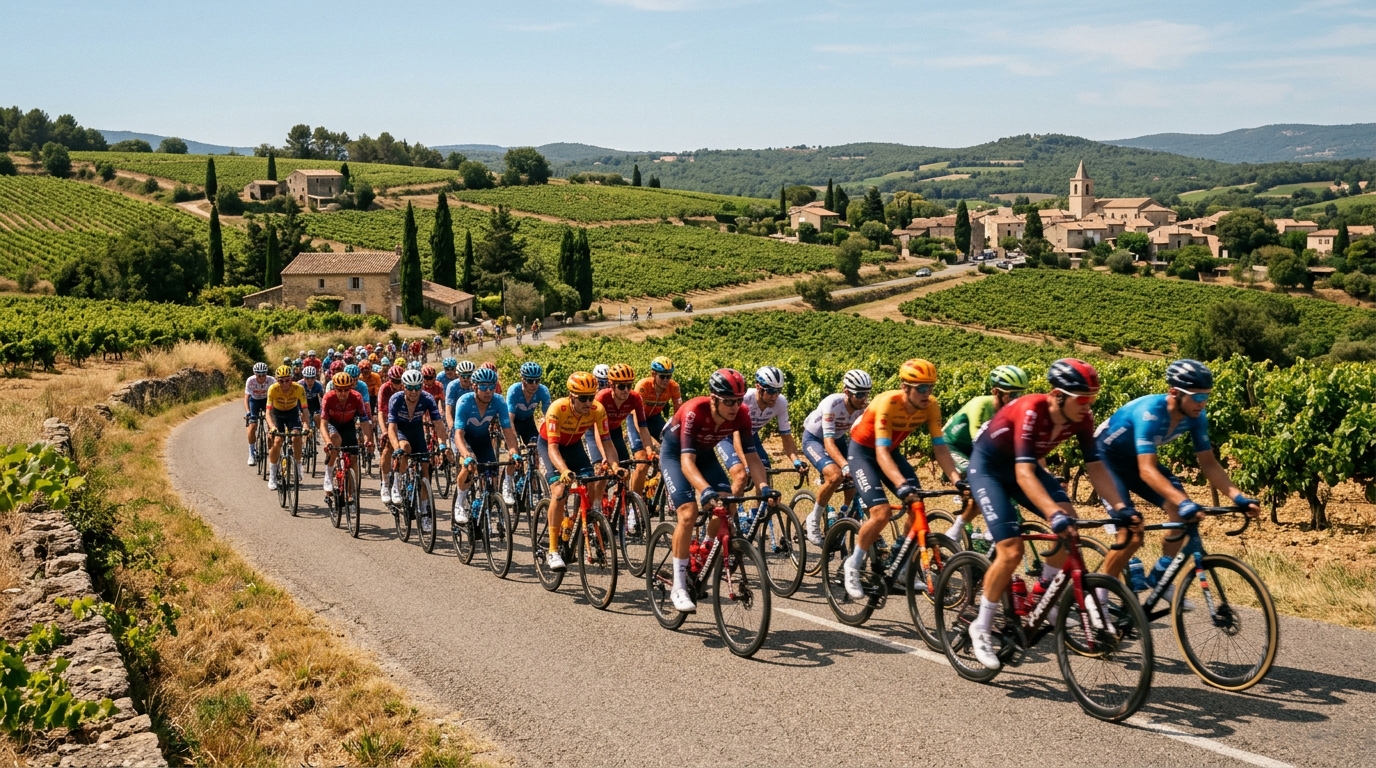 Groupe de coureurs cyclistes en échappée sur route ensoleillée