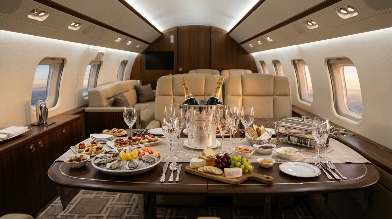 Table ovale dressée en buffet dans un jet privé présidentiel