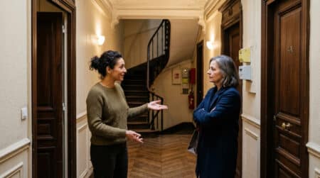 Deux voisins discutant calmement dans un couloir d'immeuble