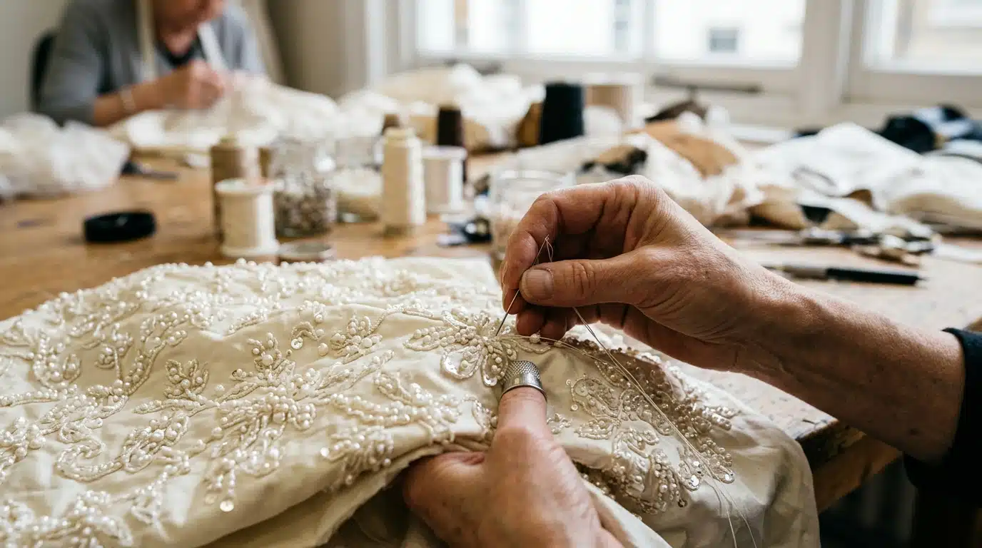 Broderie de perles sur de la soie taffetas ivoire dans un atelier de couture