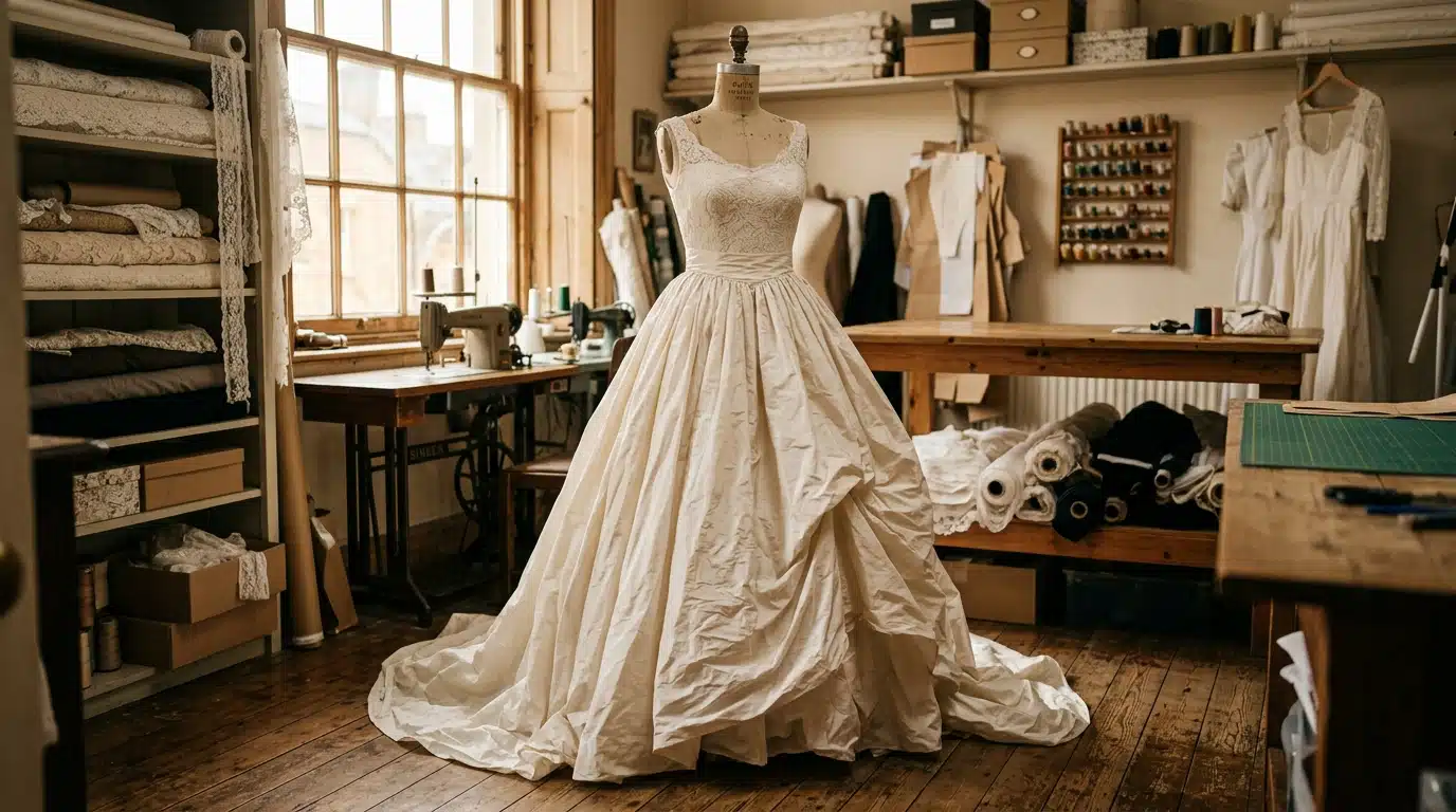 Robe de mariée froissée exposée sur un mannequin d'atelier