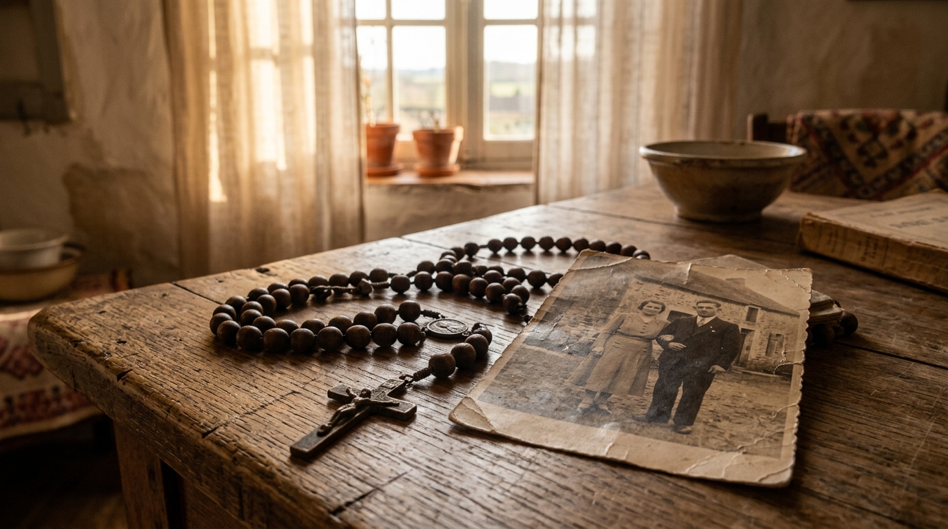Mains âgées tenant un chapelet et une photo ancienne dans une maison de campagne française