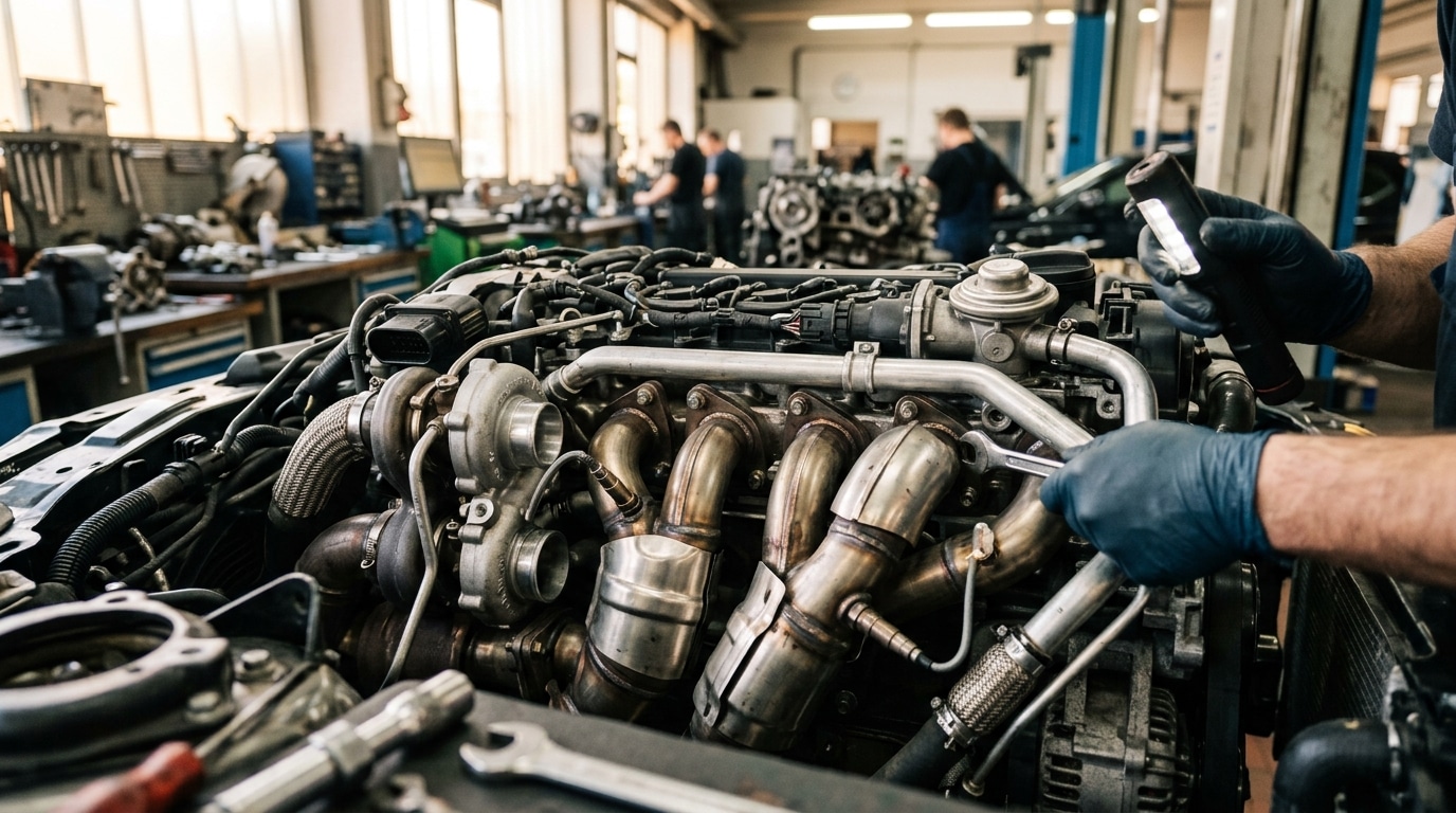 Gros plan sur un moteur diesel inspecté en atelier