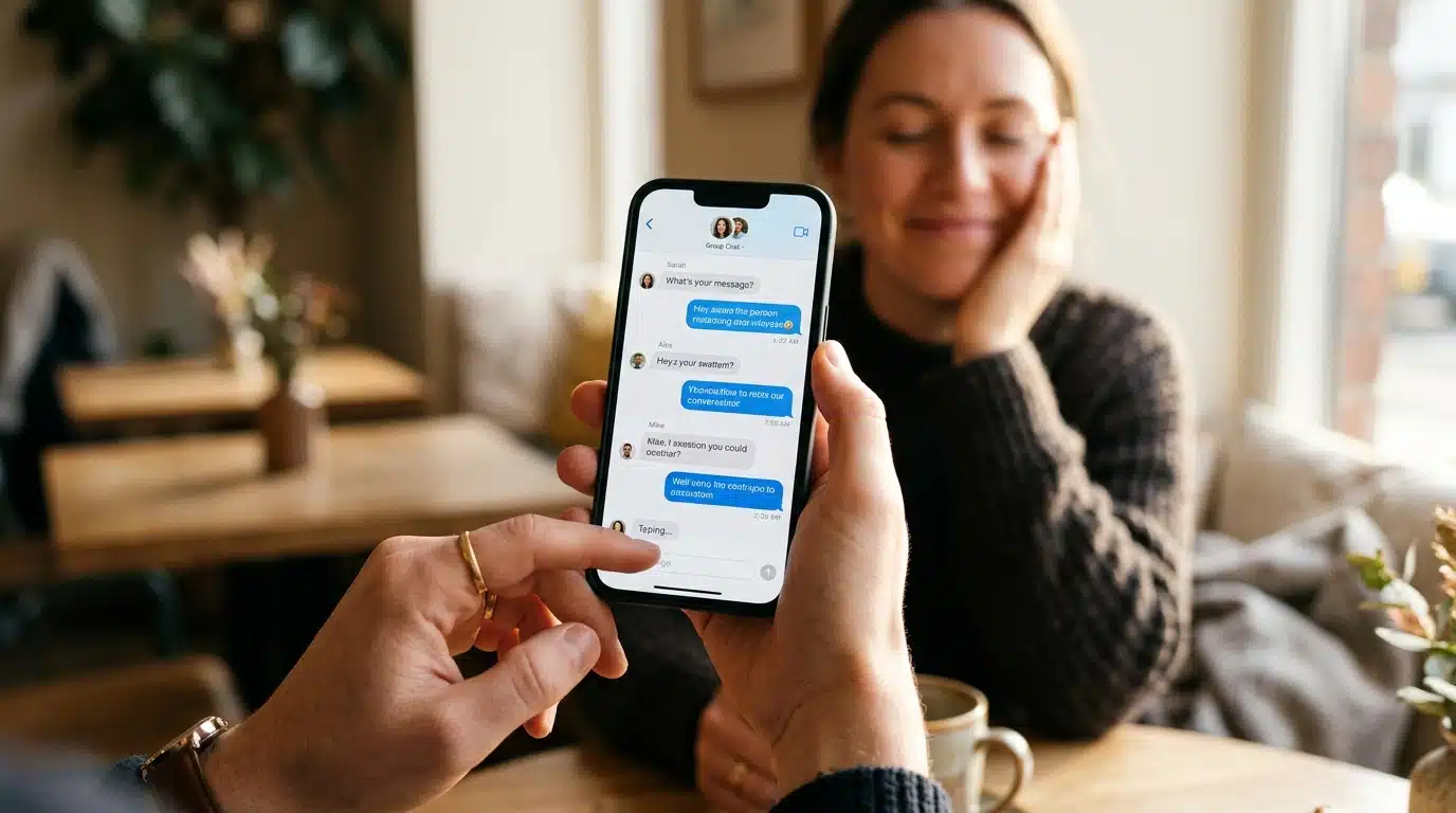 Main tenant un smartphone affichant une conversation de groupe