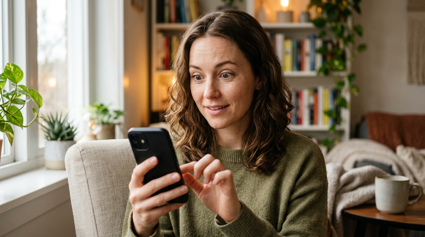 Personne souriante consultant son téléphone avec surprise