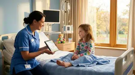 Enfant souriant dans une chambre d'hôpital avec une infirmière