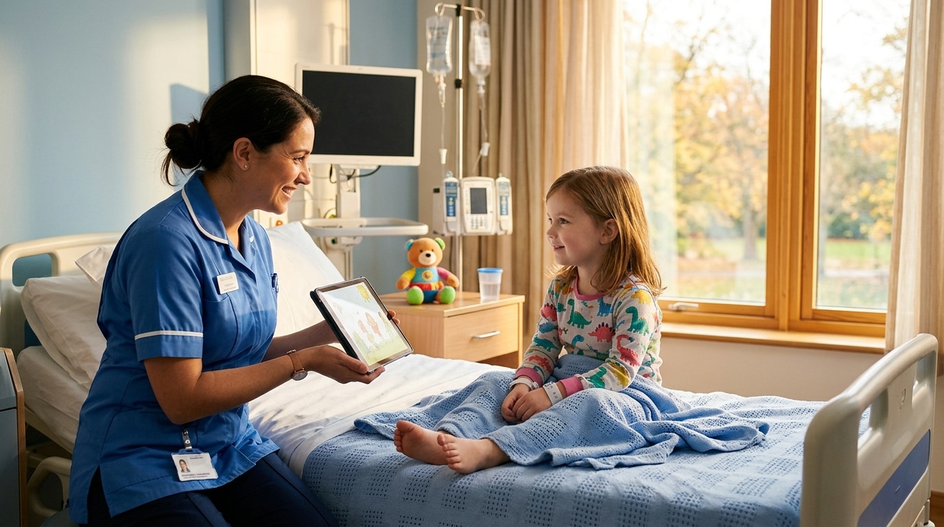 Enfant souriant dans une chambre d'hôpital avec une infirmière