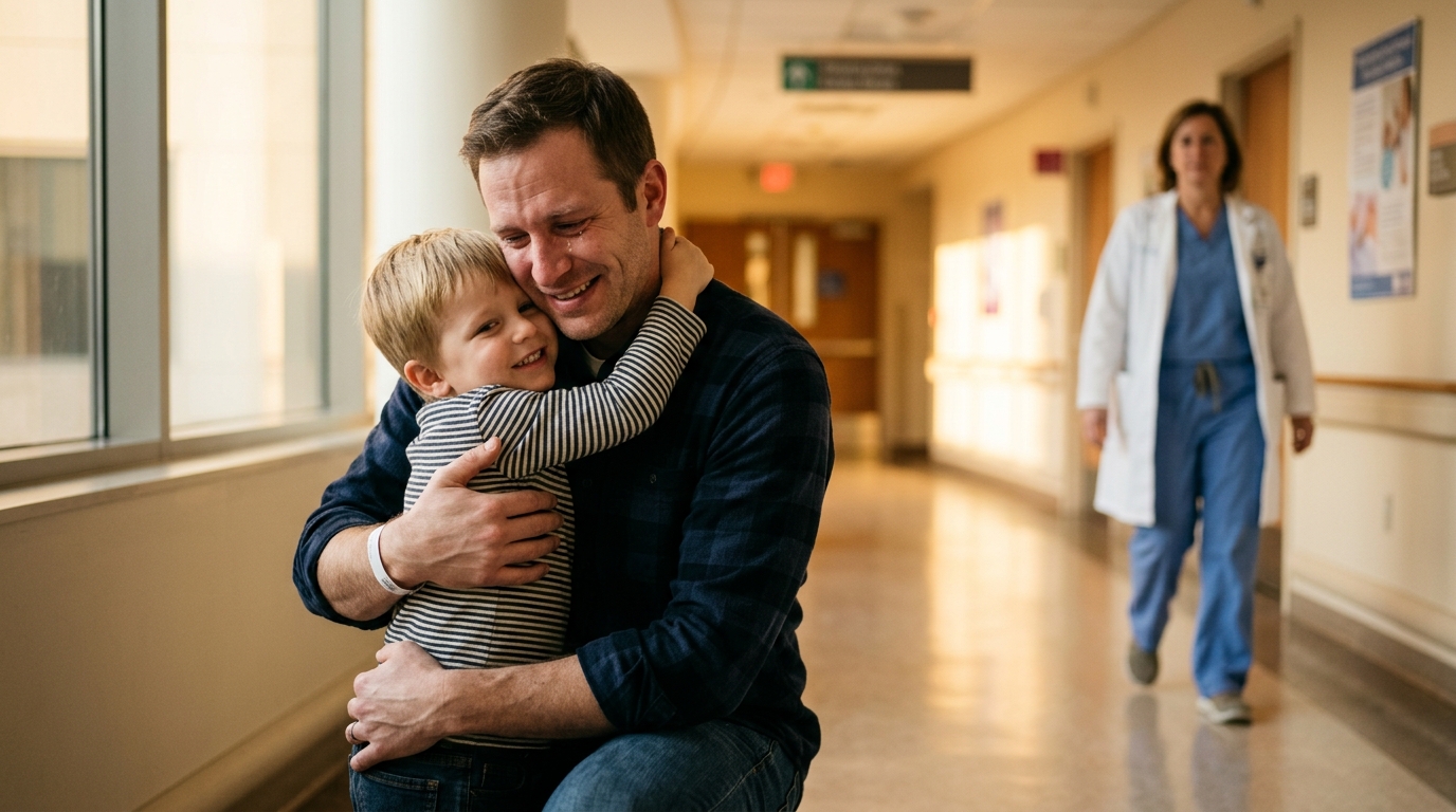 Père et enfant s'enlaçant avec soulagement à l'hôpital