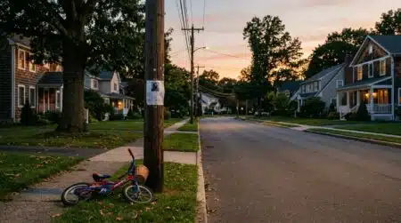 Rue résidentielle avec avis de recherche sur un poteau