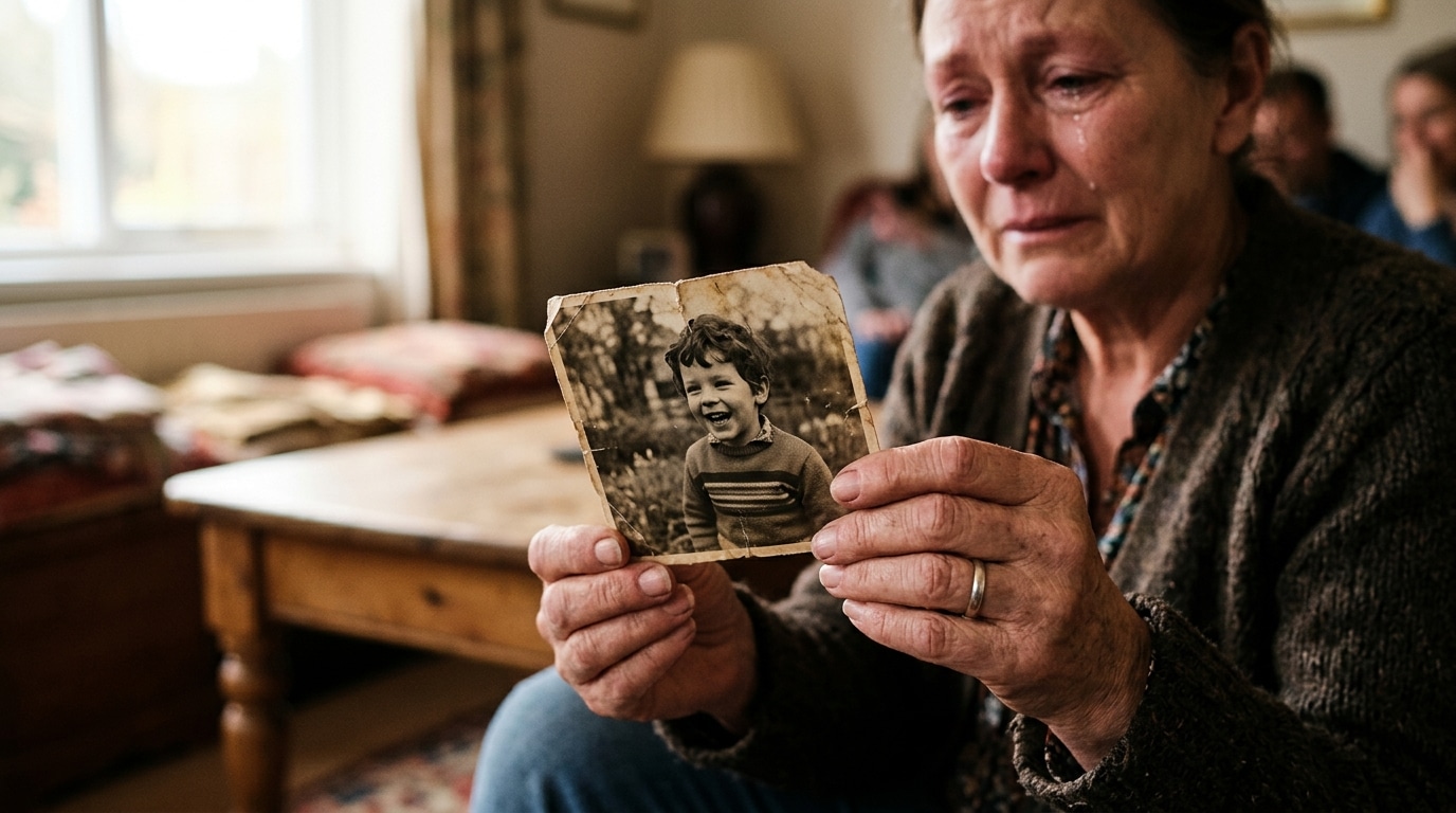 Mère émue tenant une photo de son fils disparu
