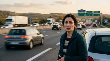Femme seule sur la bande d'arrêt d'urgence d'une autoroute