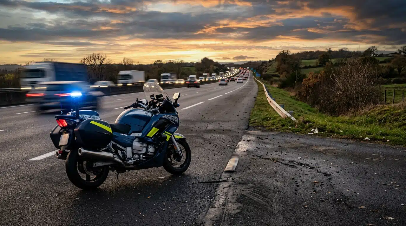 Moto de gendarmerie garée en bord d'autoroute au crépuscule