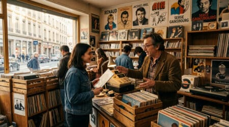 Disquaire français des années 80 avec bacs à vinyles