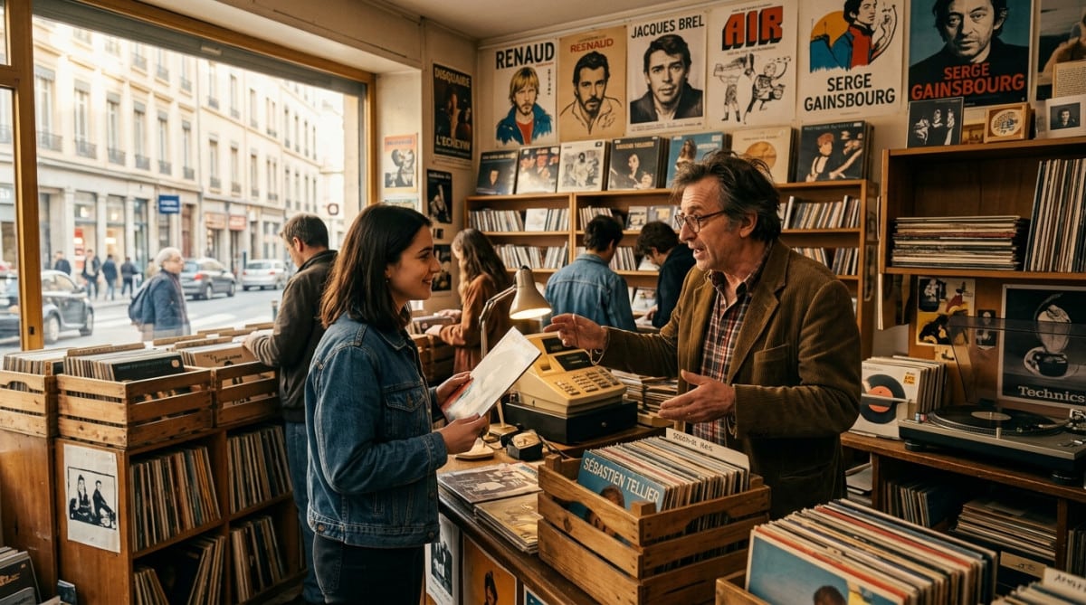 Disquaire français des années 80 avec bacs à vinyles
