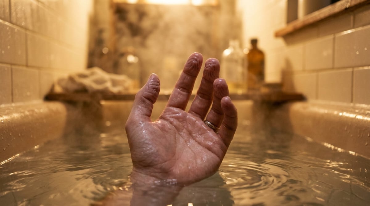 Doigts fripés émergeant de l'eau du bain