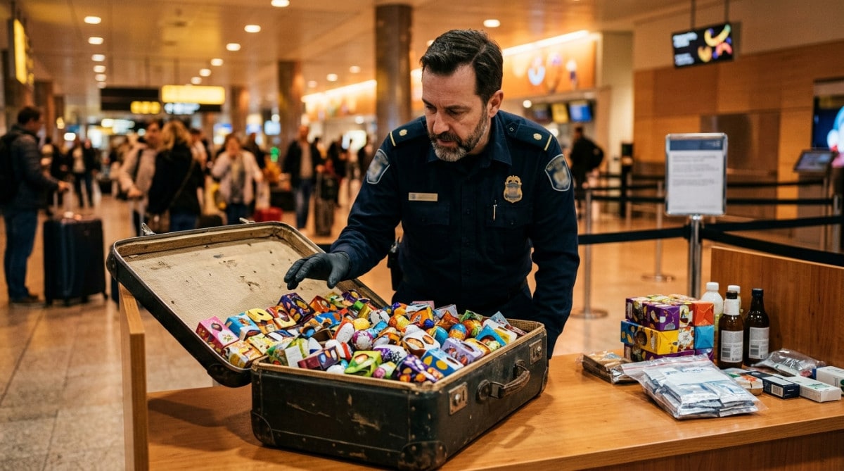 Douanier examinant une valise pleine d'œufs en chocolat
