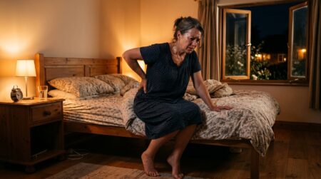 Femme se tenant le dos de douleur la nuit