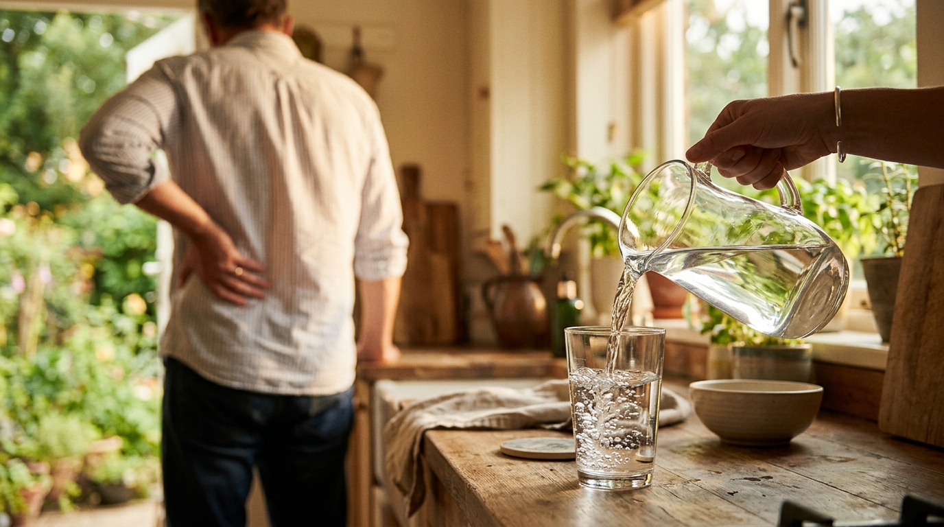 Verre d'eau versé pour prévenir les calculs rénaux