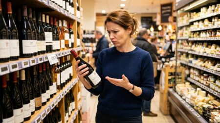 Femme perplexe devant les prix en supermarché