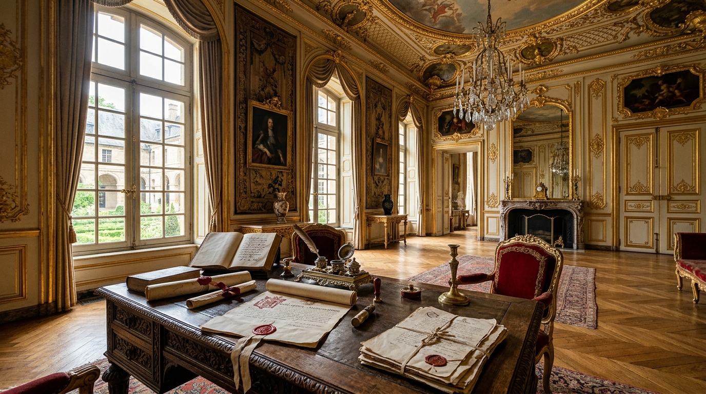 Documents officiels et décor palatial évoquant une querelle de succession nobiliaire