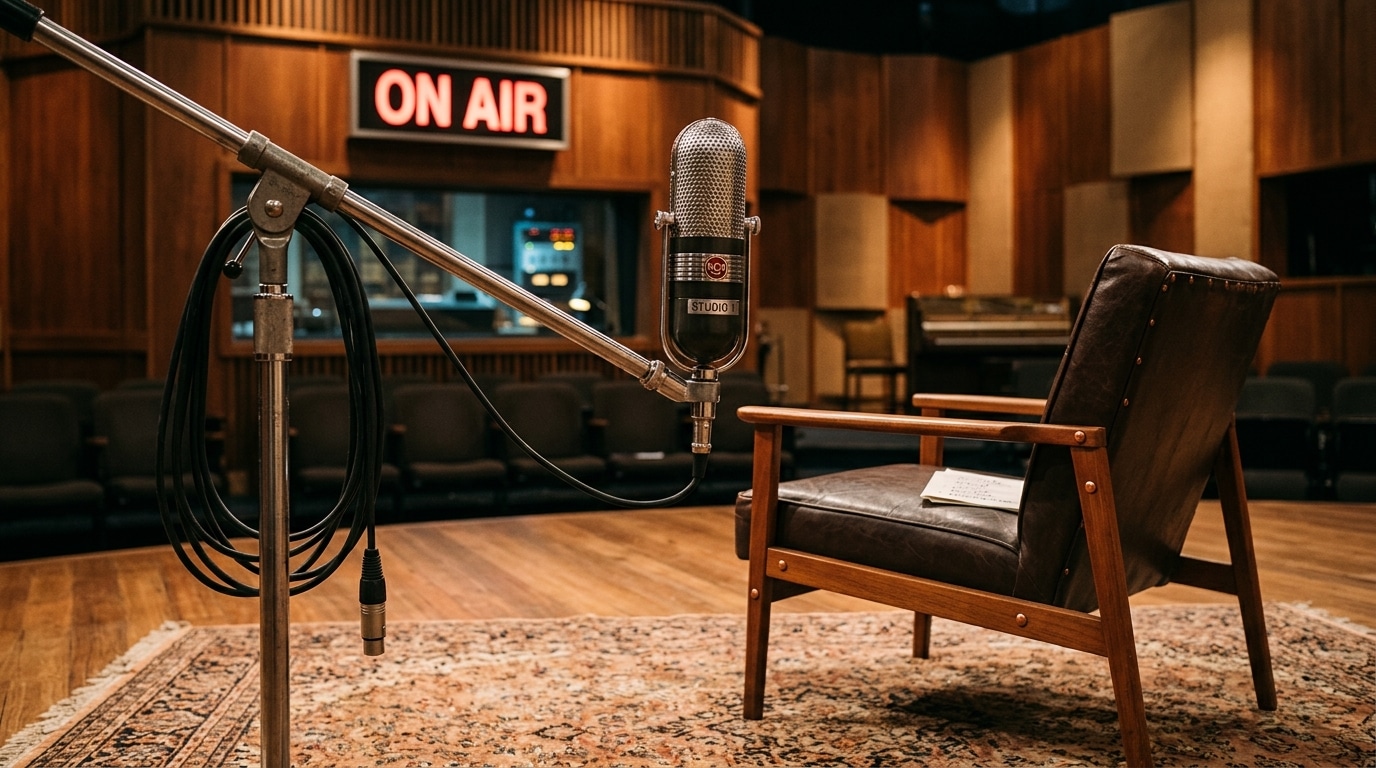 Plateau de télévision vintage avec micro et lumières chaudes