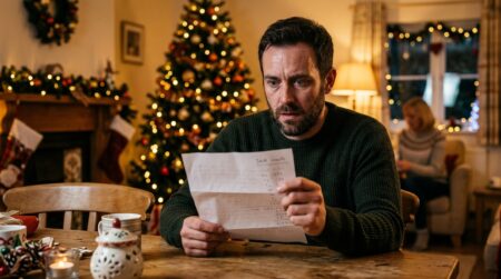 Homme choqué découvrant un résultat de test ADN à Noël