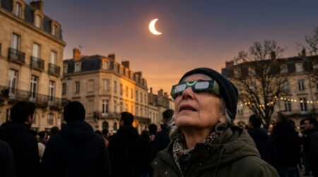 Foule observant une éclipse solaire avec lunettes certifiées