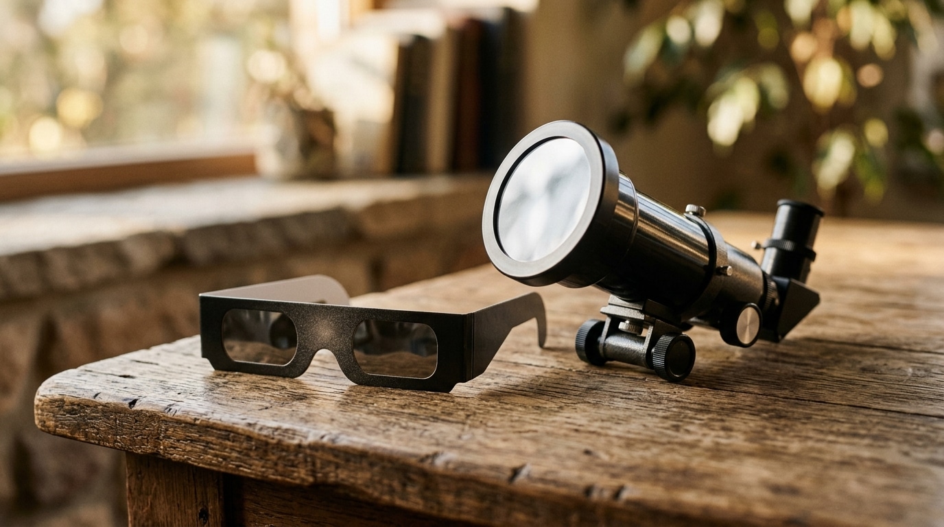 Lunettes d'éclipse et télescope avec filtre solaire