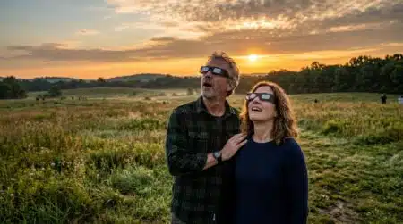 Personnes observant l'éclipse solaire avec des lunettes de protection