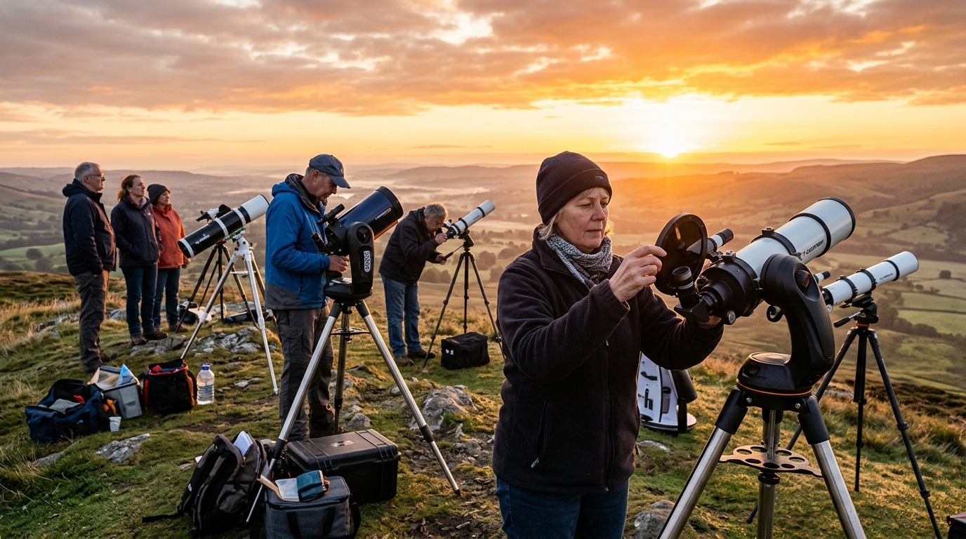 Astronomes amateurs installés sur une colline pour observer l'éclipse