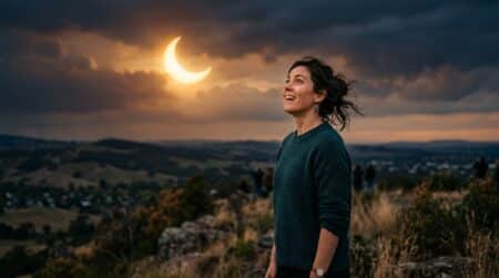 Femme émerveillée observant l'éclipse solaire au crépuscule