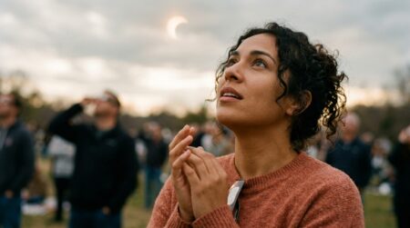 Femme regardant le ciel pendant une éclipse solaire
