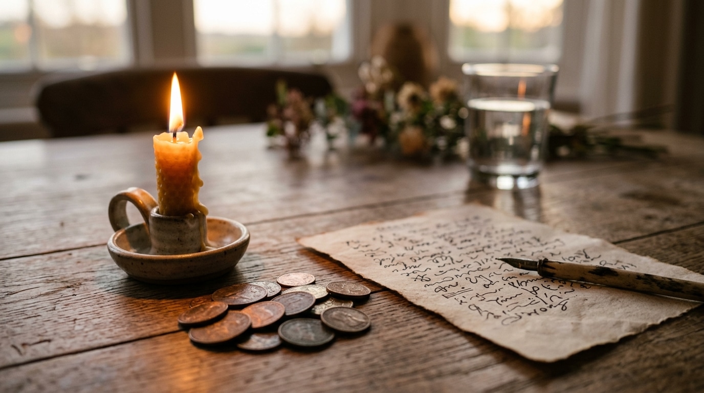 Bougie allumée et pièces de monnaie sur une table