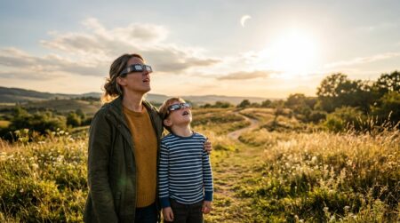 Famille observant l'éclipse solaire avec des lunettes homologuées