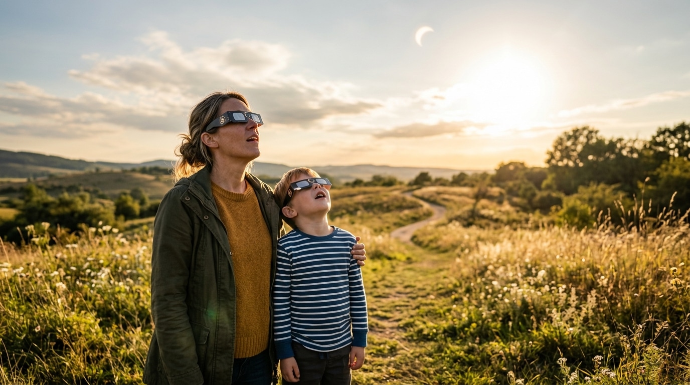 Famille observant l'éclipse solaire avec des lunettes homologuées