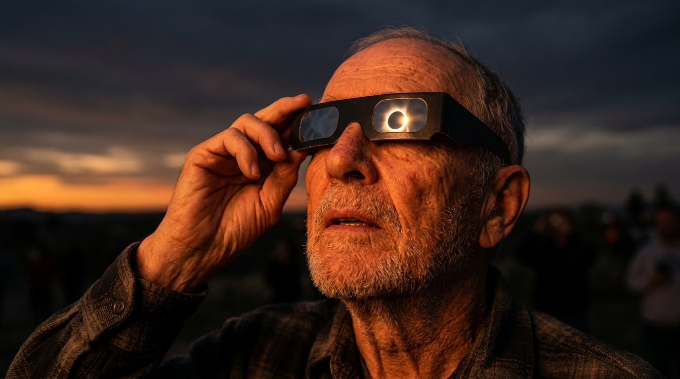 Homme âgé regardant l'anneau de diamant lors de l'éclipse