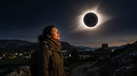 Femme observant une éclipse solaire totale dans le ciel nocturne