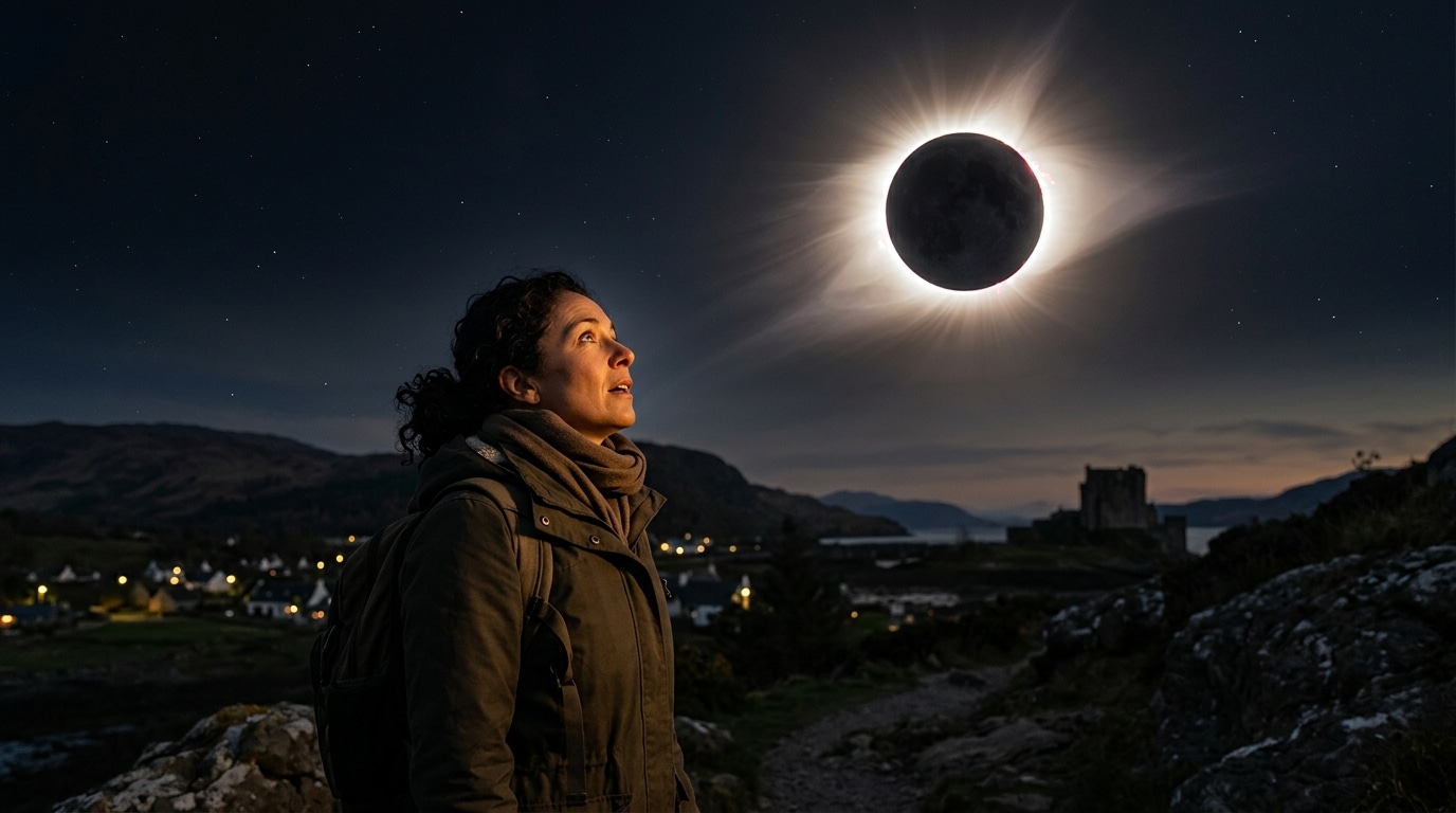 Femme observant une éclipse solaire totale dans le ciel nocturne