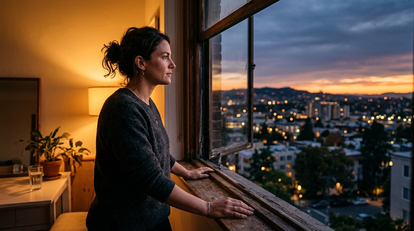 Personne contemplative face à la fenêtre au coucher du soleil