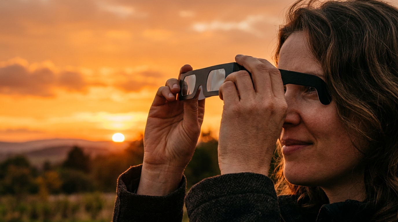 Personne tenant des lunettes certifiées pour observer l'éclipse