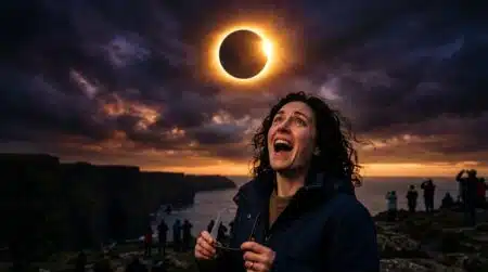 Femme regardant une éclipse solaire dorée dans le ciel