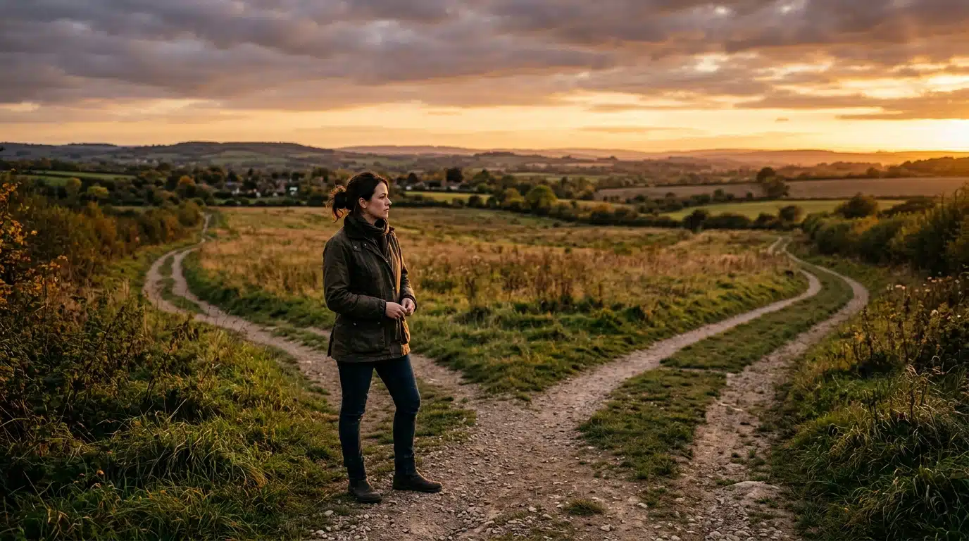 Personne à un carrefour au coucher du soleil doré