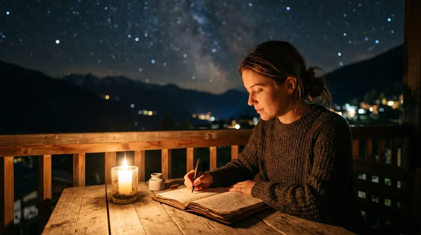 Personne écrivant à la bougie sous un ciel étoilé