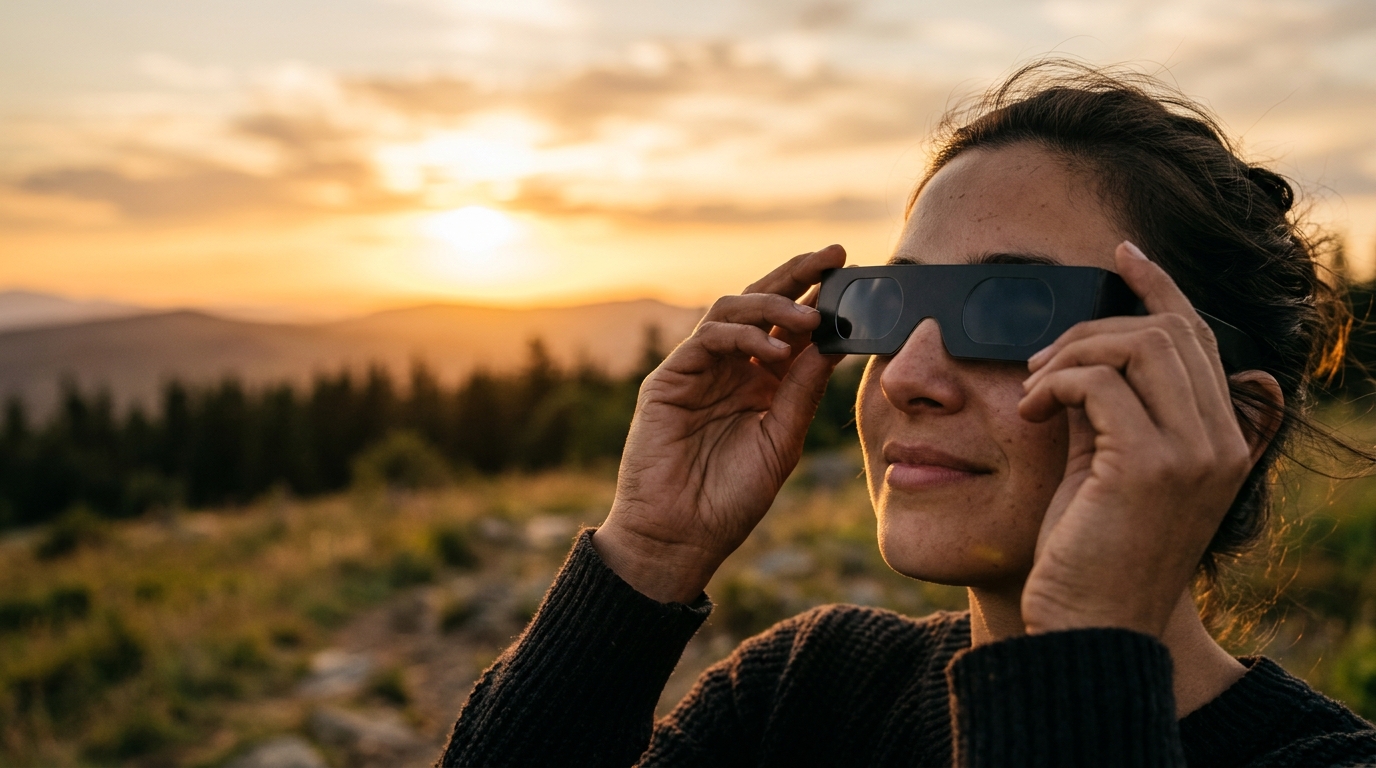 Personne tenant des lunettes homologuées pour éclipse solaire