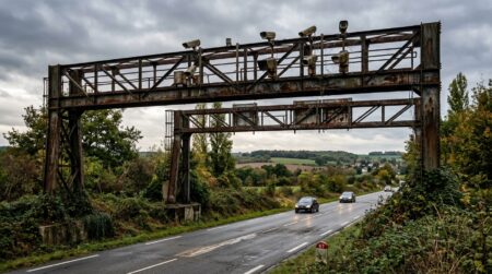 Portique routier rouillé abandonné sur une nationale française