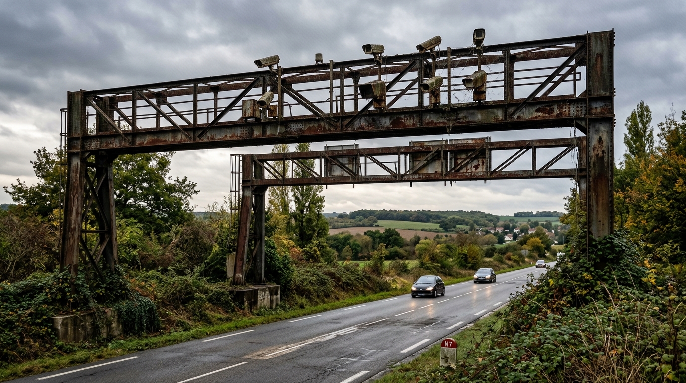 Portique routier rouillé abandonné sur une nationale française