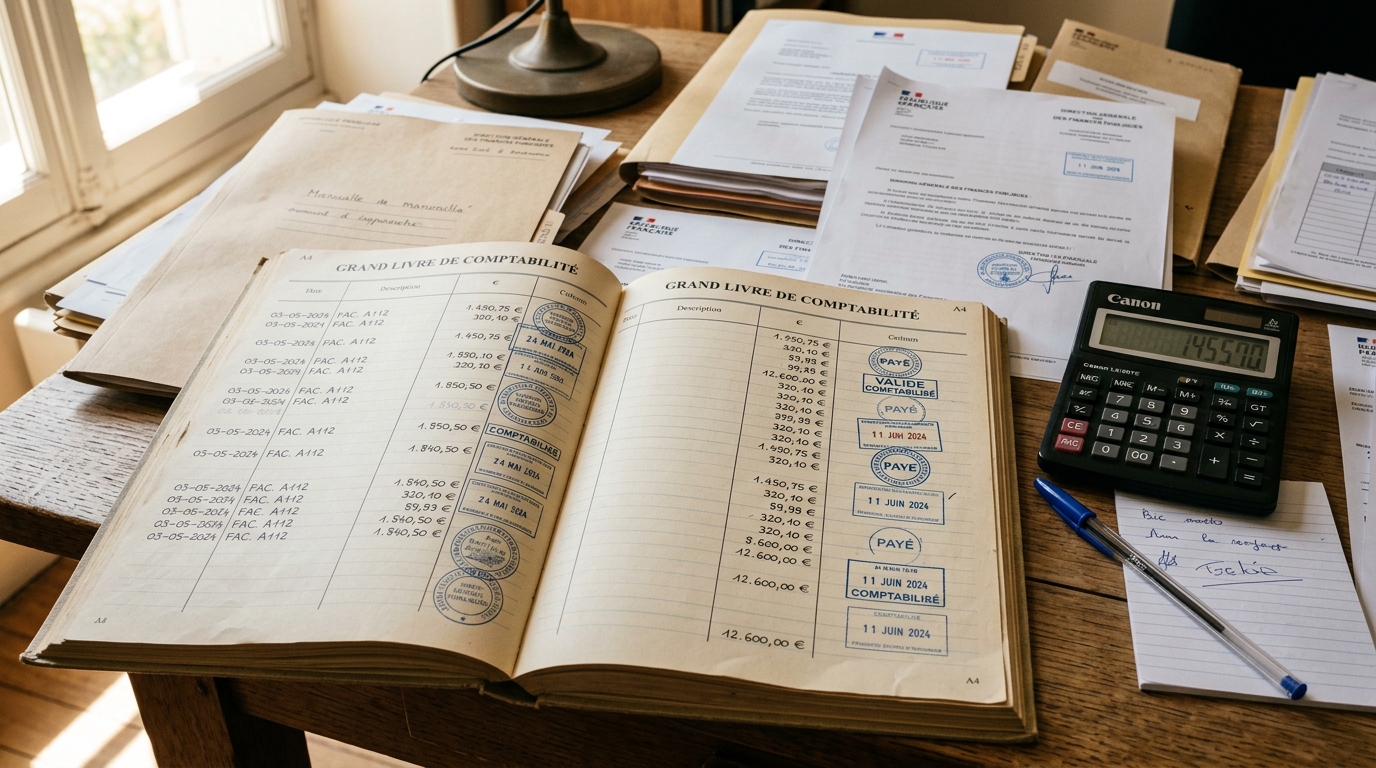 Documents administratifs et calculatrice sur bureau en bois