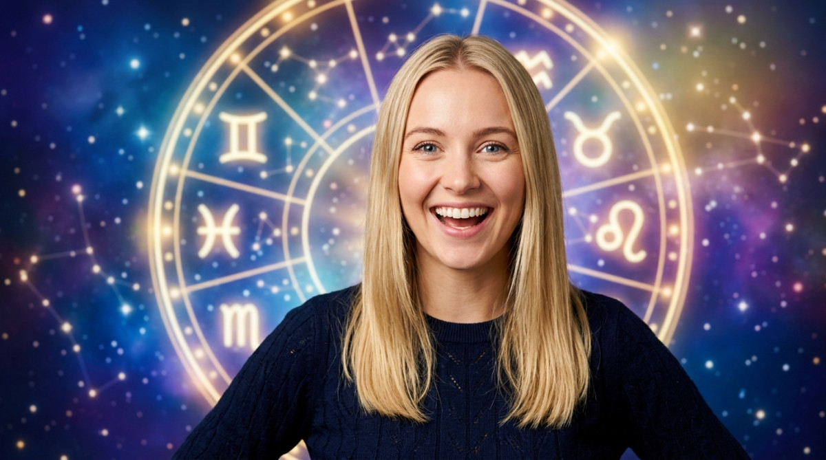 Editorial portrait photo of a young blonde woman with straight hair, looking at camera with amazed a