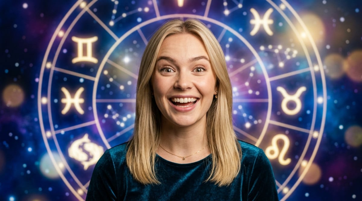 Editorial portrait photo of a young blonde woman with straight hair, looking at camera with amazed a